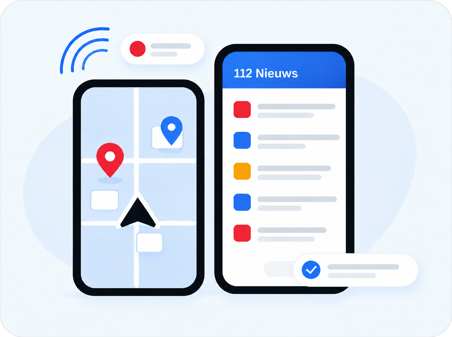Illustratie van twee telefoons: een meldingenkaart met locatiepins en een nieuwsoverzicht.